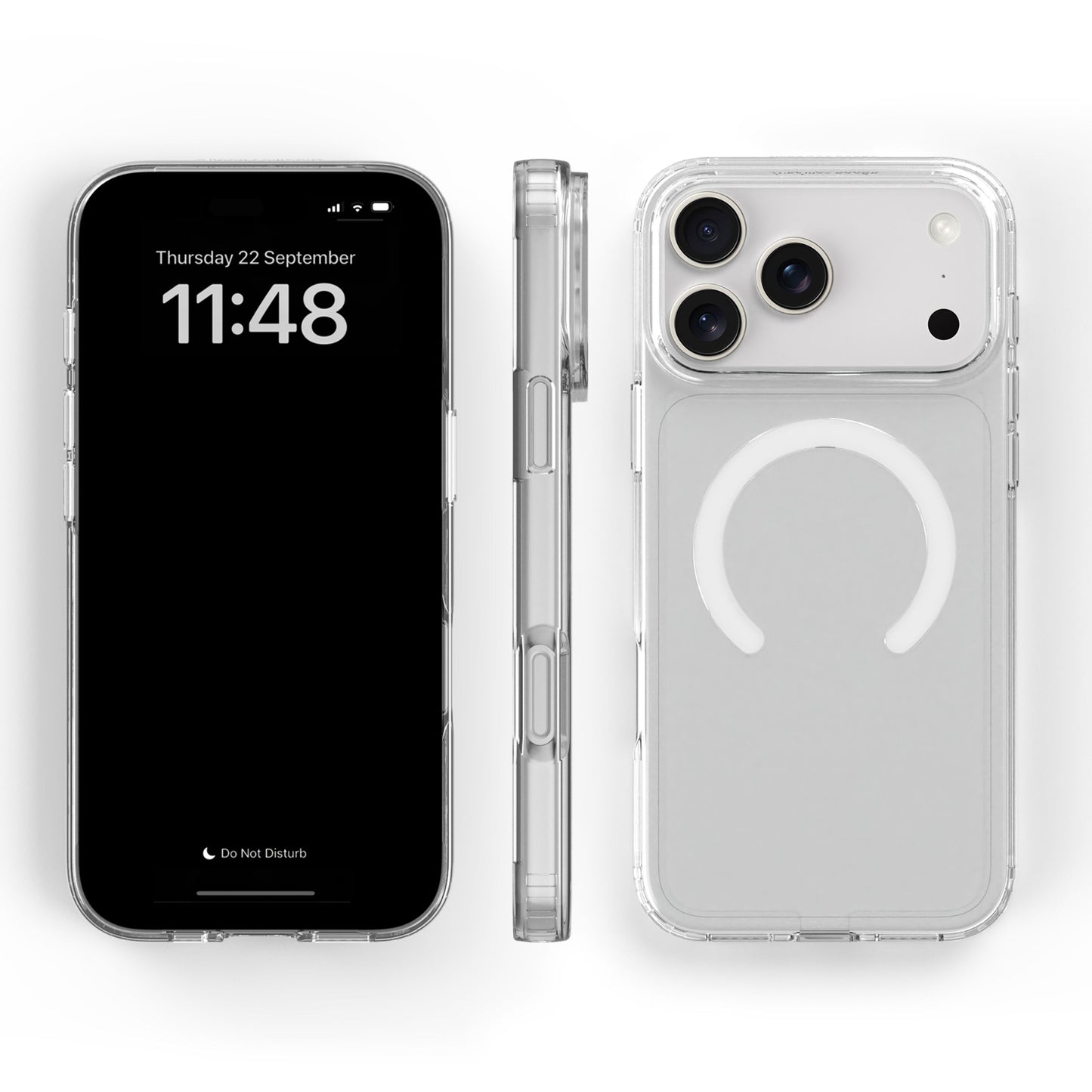 Mobilcover til iPhone 17 Pro Max gennemsigtig, vises forfra, fra siden og bagfra med til kameraer og MagSafe-cirkel.