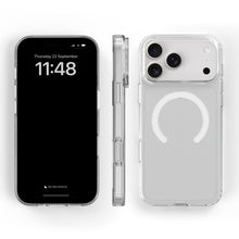 Mobilcover til iPhone 17 Pro Max gennemsigtig, vises forfra, fra siden og bagfra med til kameraer og MagSafe-cirkel.