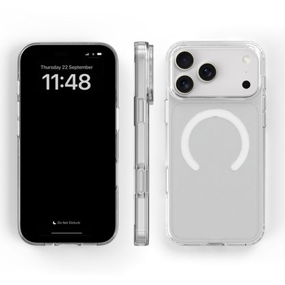 Mobilcover til iPhone 17 Pro Max gennemsigtig, vises forfra, fra siden og bagfra med til kameraer og MagSafe-cirkel.