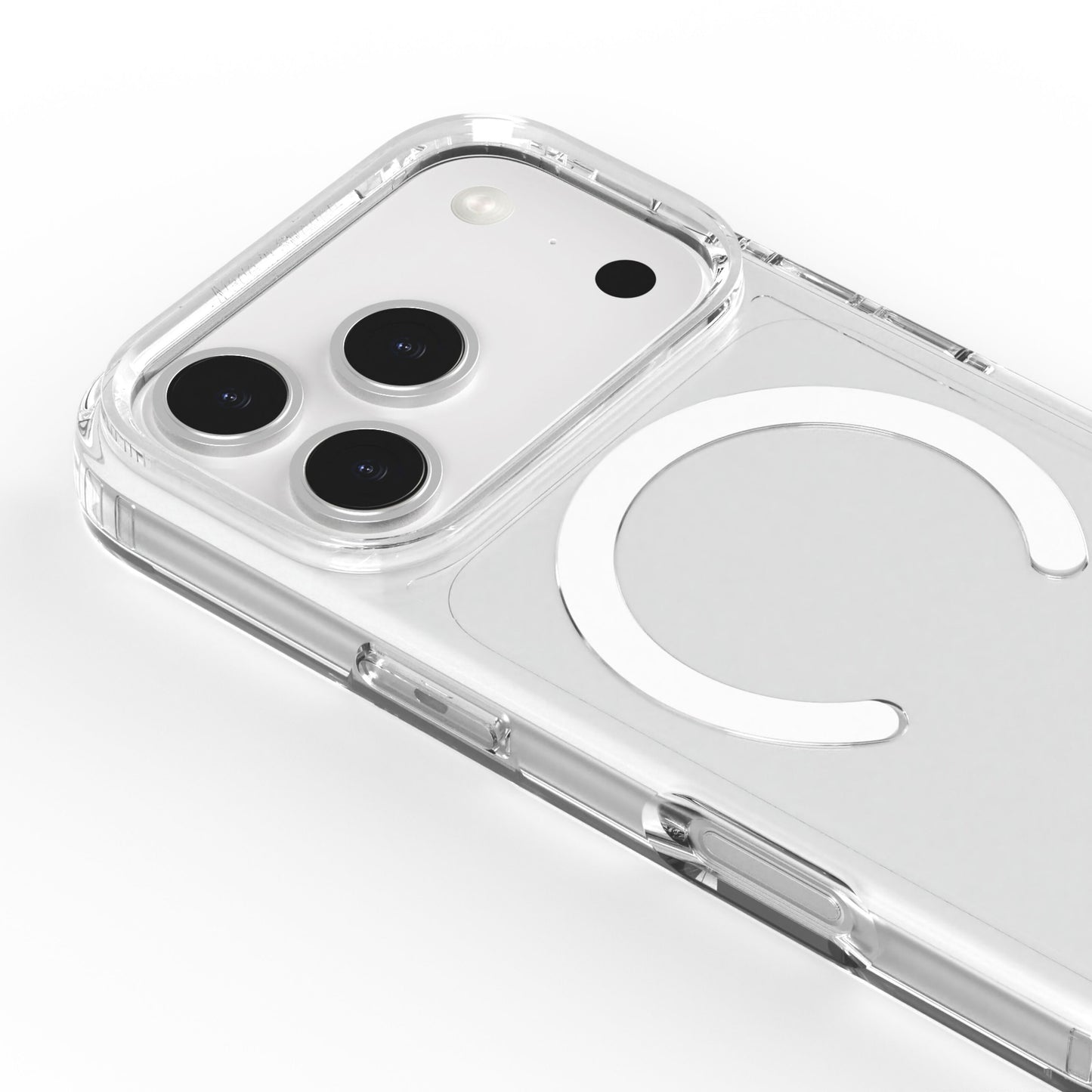 Gennemsigtigt mobilcover til iPhone 17 Pro Max med MagSafe-ring, passer til modellens tre bagkameraer.