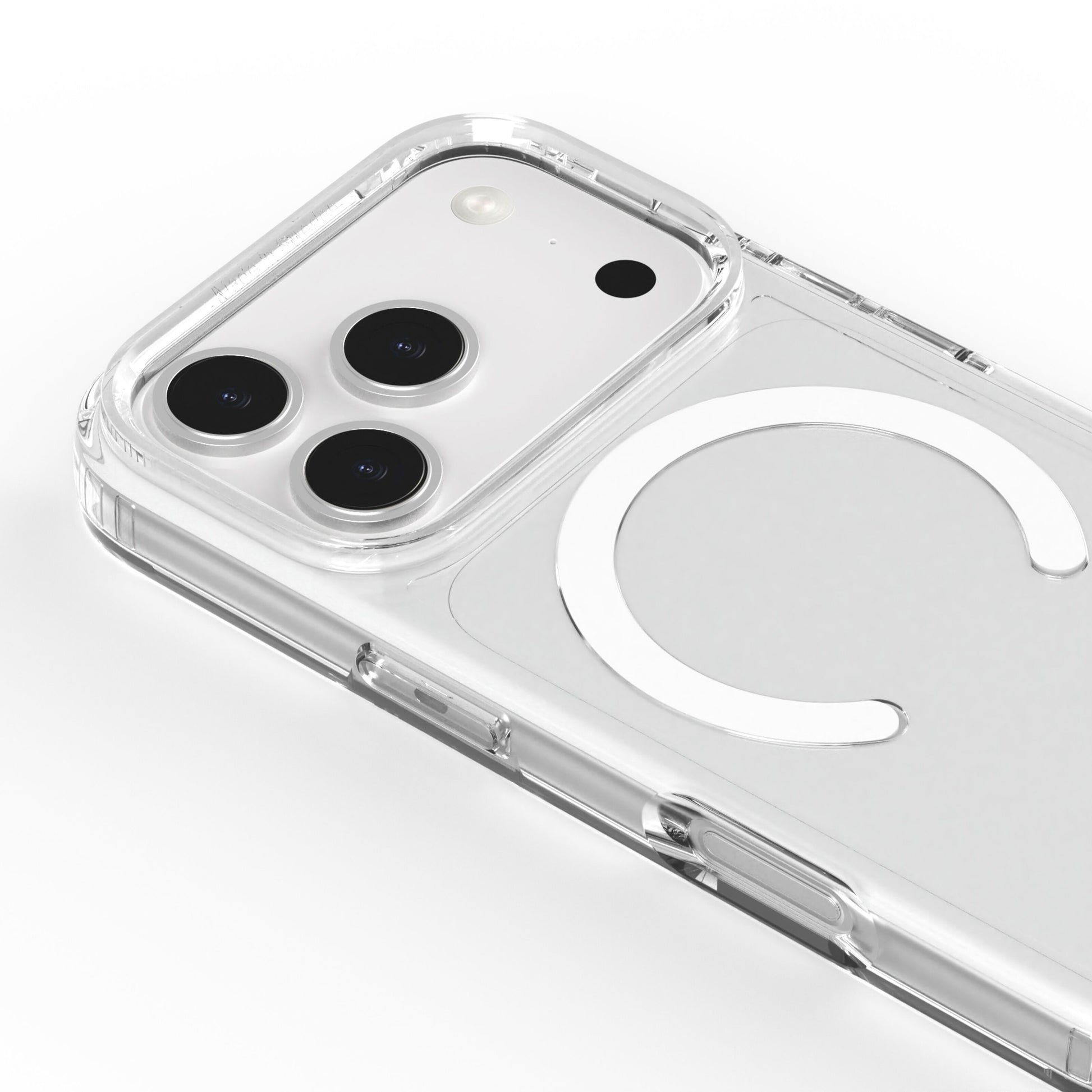 Gennemsigtigt mobilcover til iPhone 17 Pro Max med MagSafe-ring, passer til modellens tre bagkameraer.