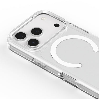 Gennemsigtigt mobilcover til iPhone 17 Pro Max med MagSafe-ring, passer til modellens tre bagkameraer.