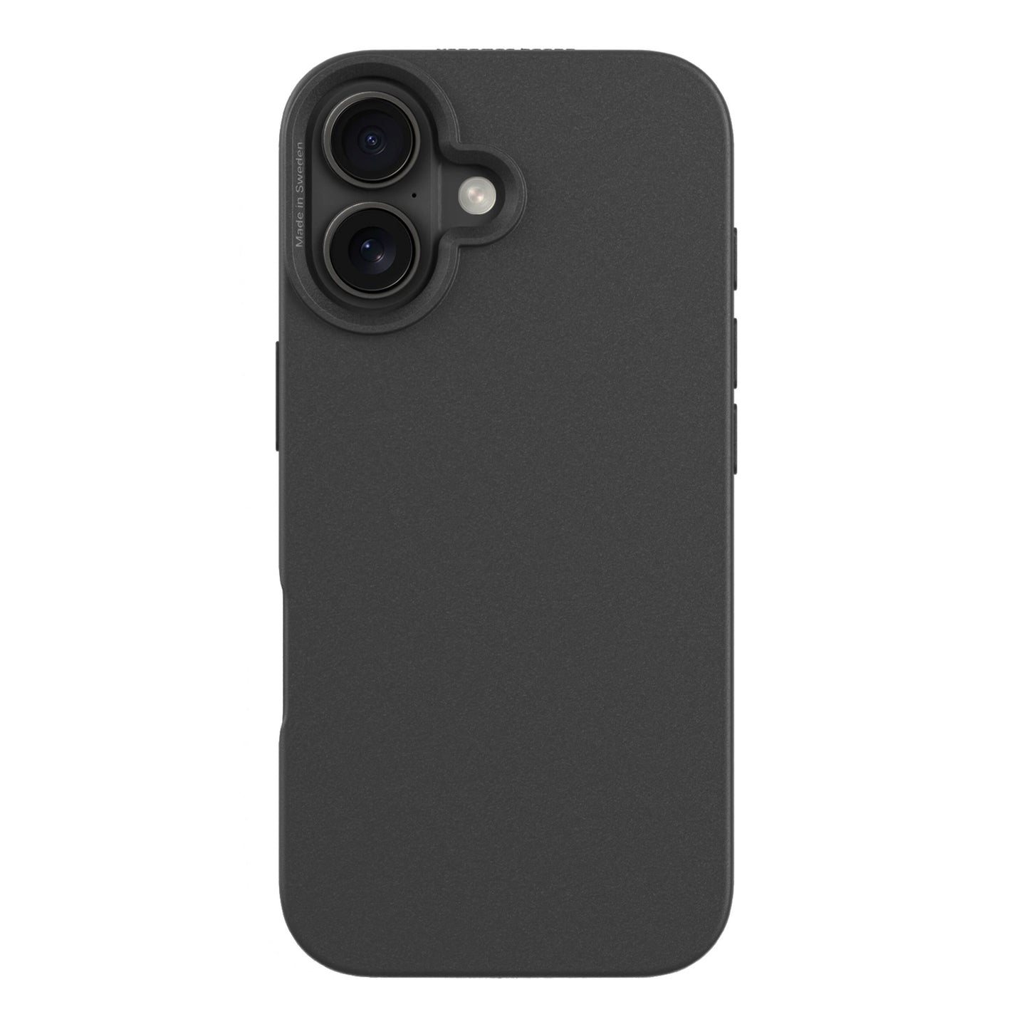 Plantebaseret mobilcover til iPhone 17 sort, mat finish, glat tekstur, afrundede kanter, udskæring til dobbelt kamera.