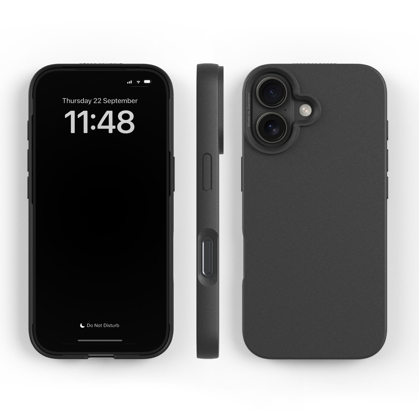 IPhone 17 mørkegrå med sort plantebaseret mobilcover, kamerahul synligt, display viser klokken 11:48.