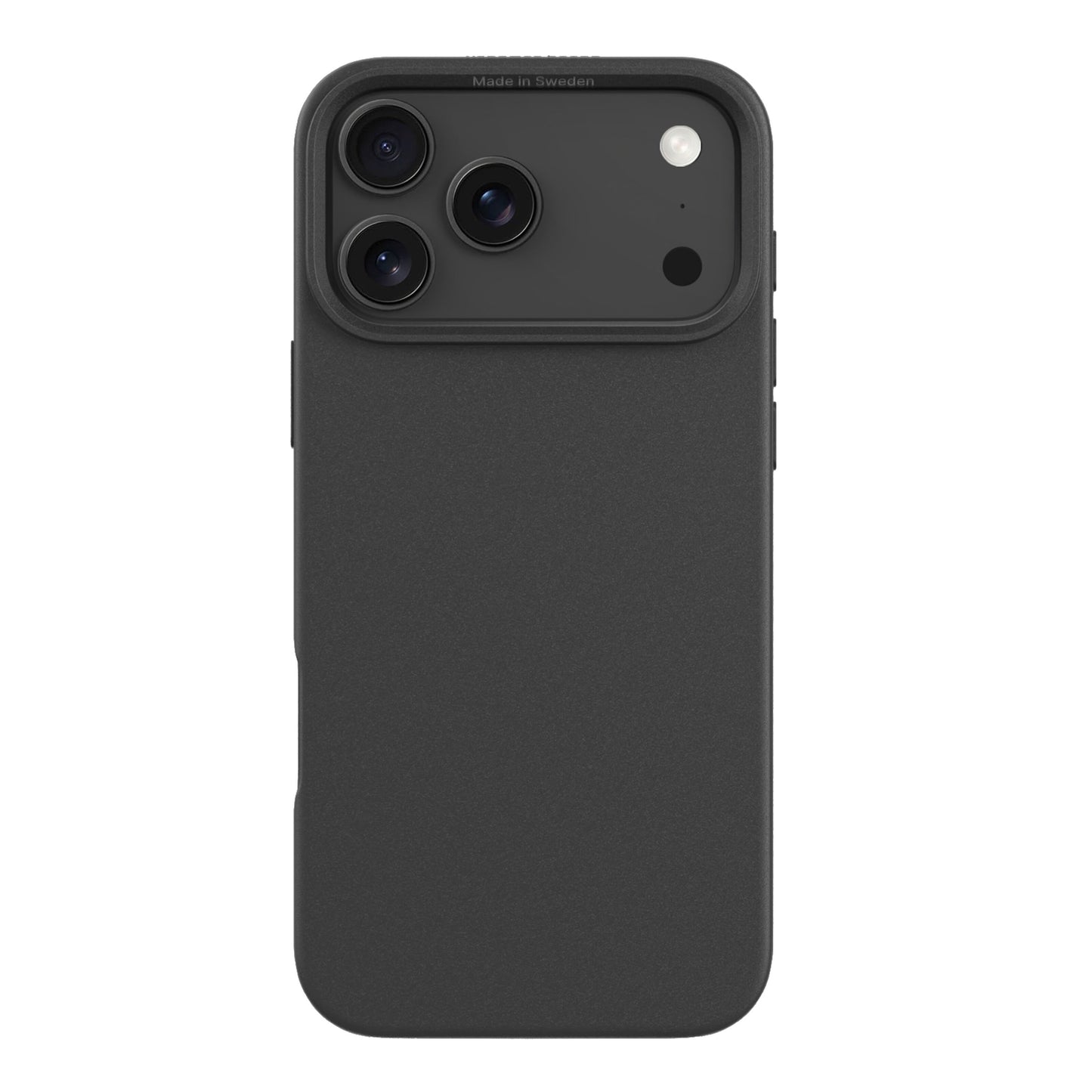Plantebaseret mobilcover til iPhone 17 Pro Max sort, MagSafe kompatibel, mat finish, plads til tre linser, Made in Sweden.