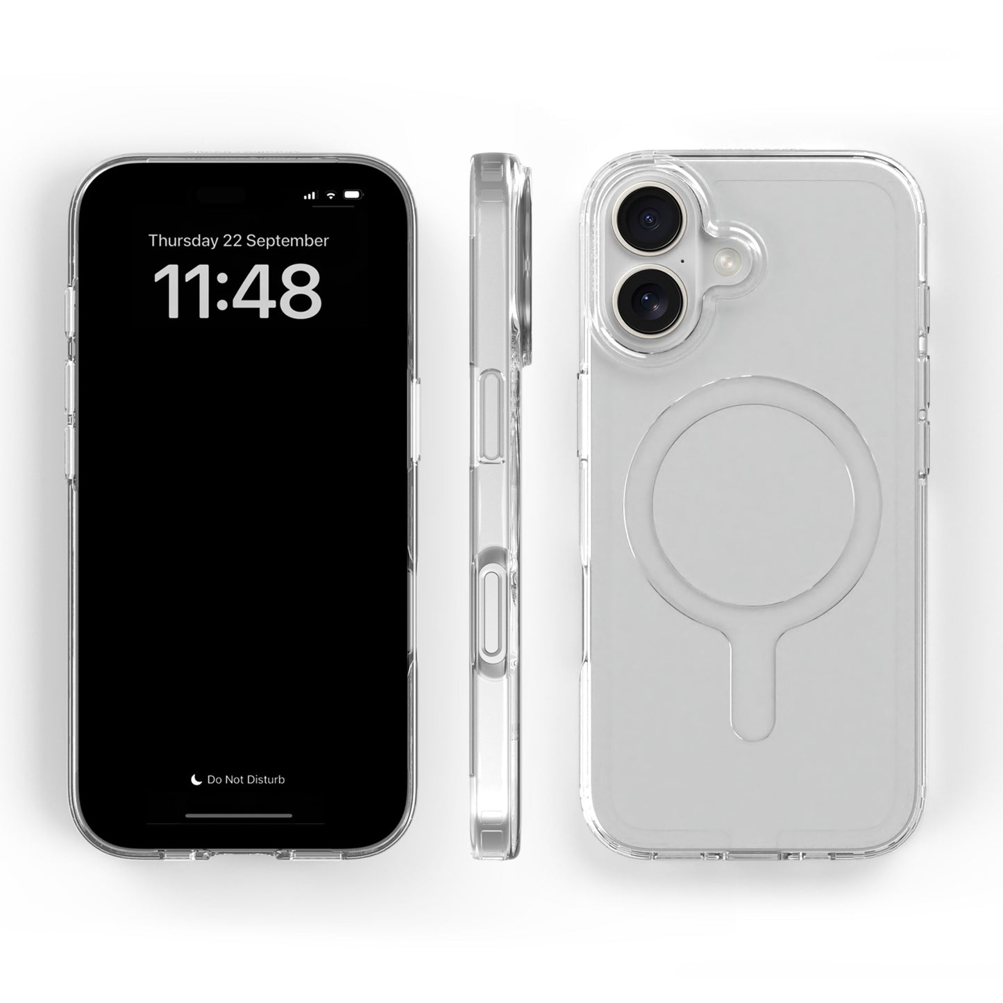 Agood company mobilcover til iPhone 17 gennemsigtig vist forfra, fra siden og bagpå med cirkulær MagSafe-kompatibel detalje.