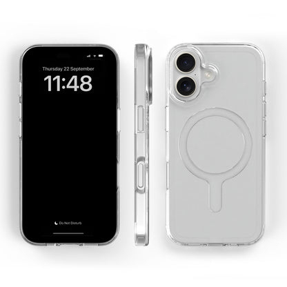 Agood company mobilcover til iPhone 17 gennemsigtig vist forfra, fra siden og bagpå med cirkulær MagSafe-kompatibel detalje.