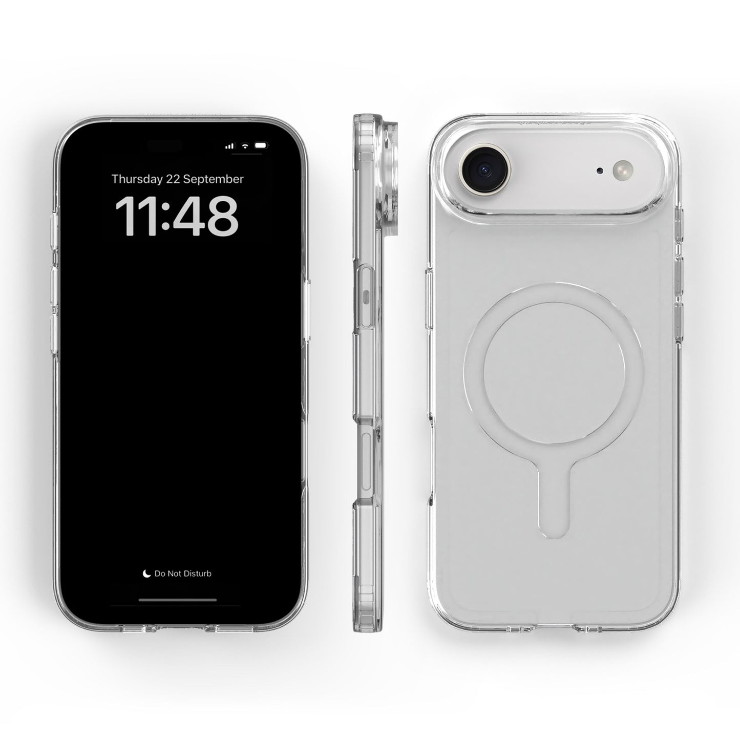 Agood company mobilcover iPhone 17 Air gennemsigtig, MagSafe-cirkel synlig bagpå, klokken 11:48 vises på forsiden.