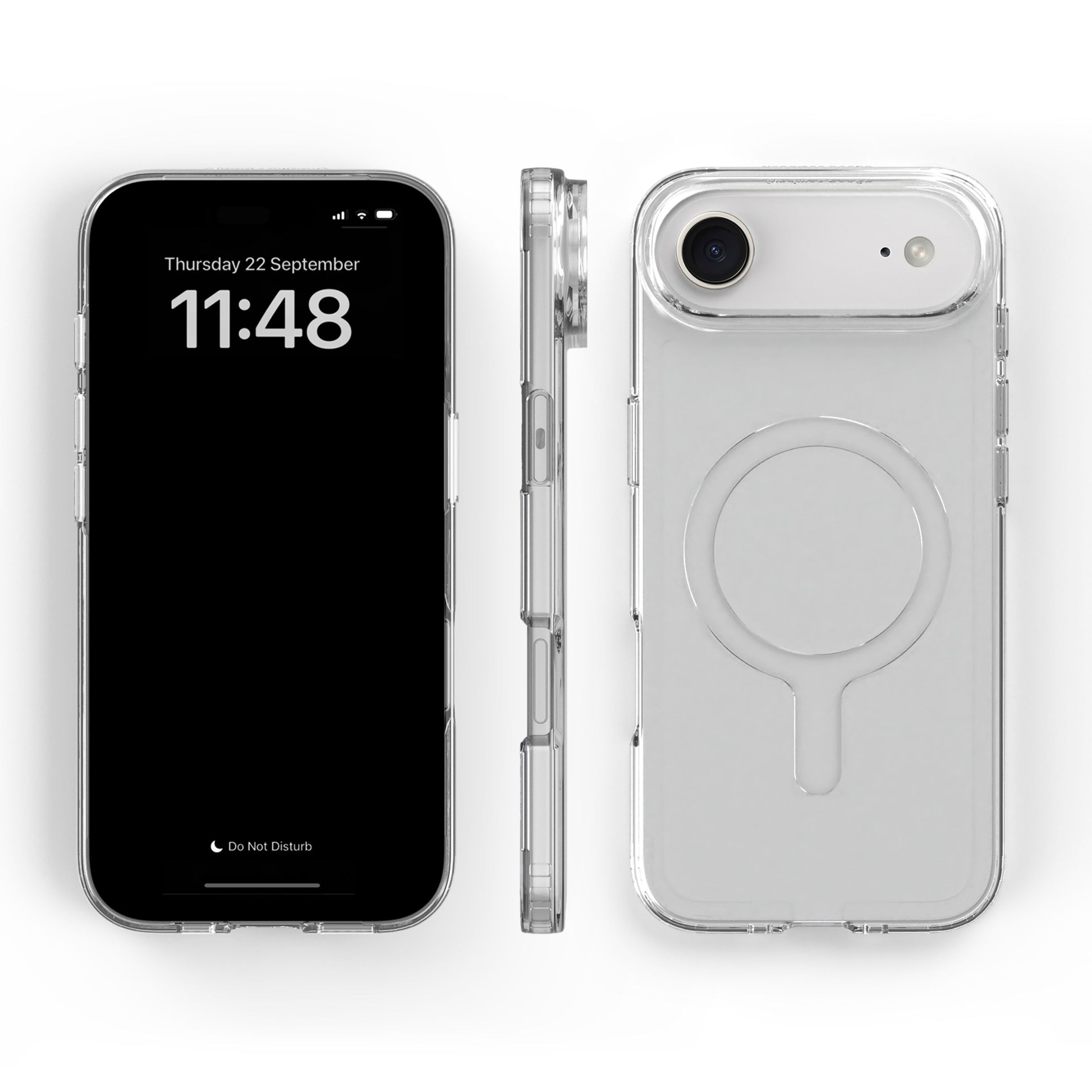 Agood company mobilcover iPhone 17 Air gennemsigtig, MagSafe-cirkel synlig bagpå, klokken 11:48 vises på forsiden.