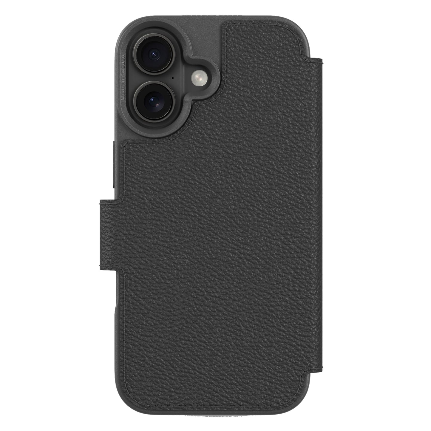 Mobilpung iPhone 17 sort tekstureret biobaseret cover, dobbelt kamera og flash-udskæring, magnetisk flap, trådløs opladning.