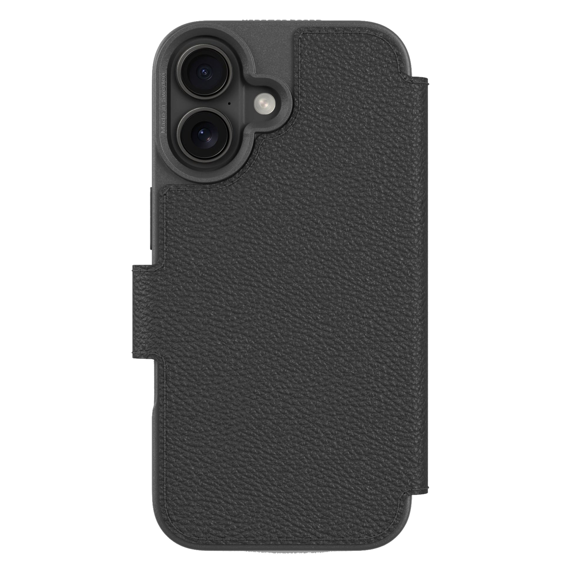 Mobilpung iPhone 17 sort tekstureret biobaseret cover, dobbelt kamera og flash-udskæring, magnetisk flap, trådløs opladning.