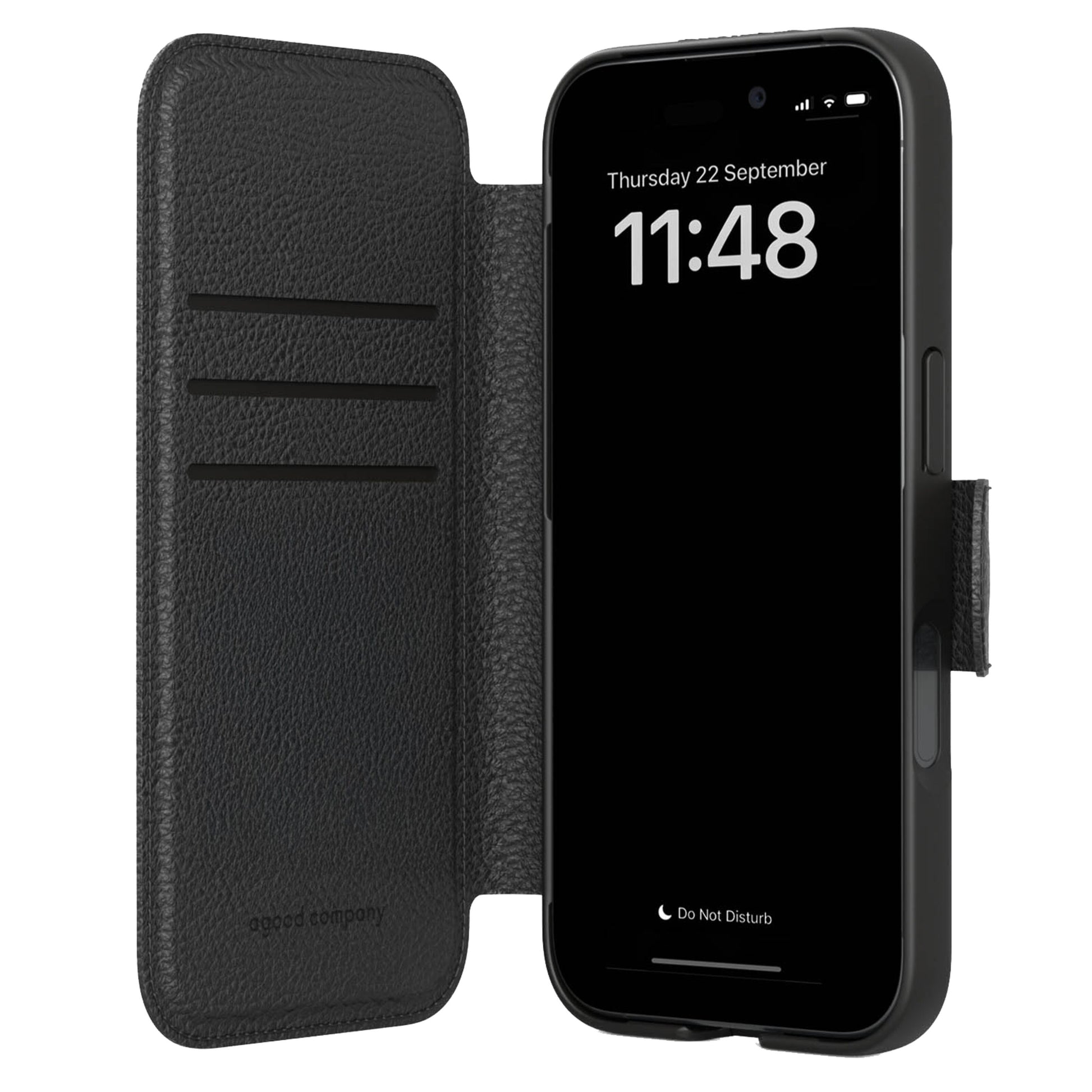 A Good Company Mobilpung til iPhone 17 Sort, folio-etui med tre kortholdere i biobaseret læderalternativ, skærm viser 11:48.