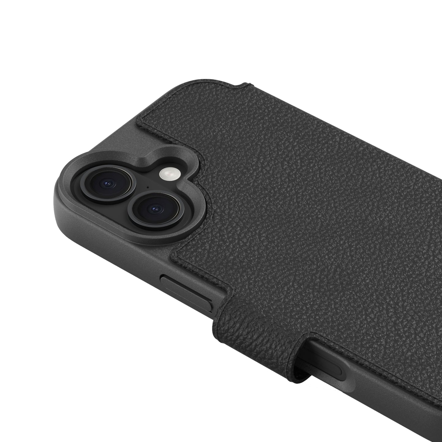 A Good Company Mobilpung iPhone 17 Sort med sort tekstureret biobaseret cover, dobbelte bagkameraer og sideknapper.