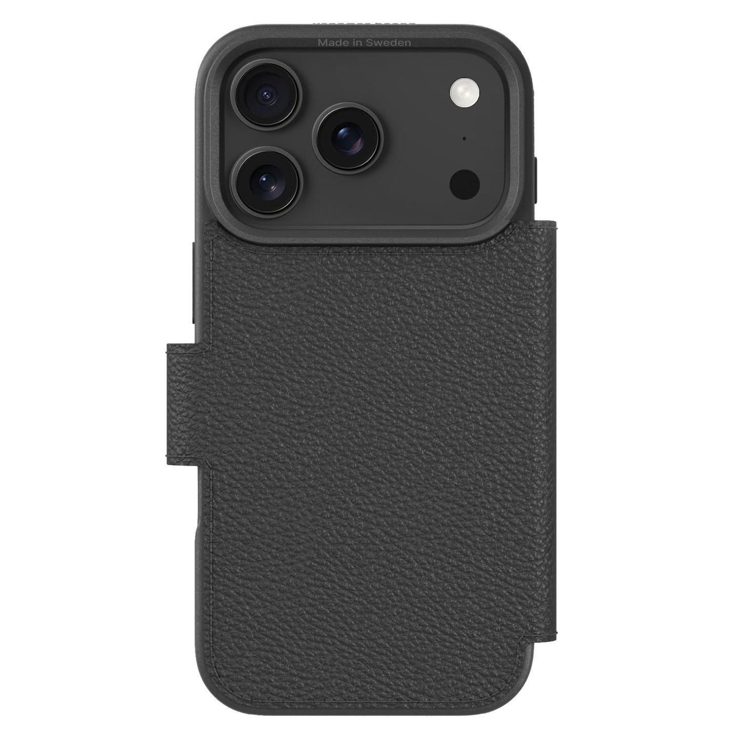 Agood company Mobilpung iPhone 17 Pro Sort, vegansk læder, dækker taske/side, udsparer til kamera/flash, MagSafe kompatibel.