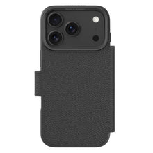 IPhone 17 Pro Max sort veg-tanned læder cover med frontklap, bagsidevisning, udskæringer til kamera/blitz, understøtter trådløs opladning.