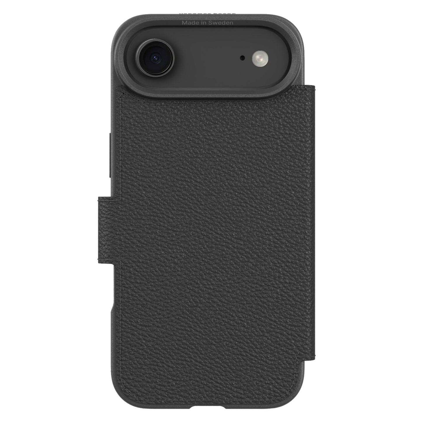 Mobilpung iPhone Air Sort, sort tekstureret cover med flap, åbning til kamera og flash øverst til venstre.