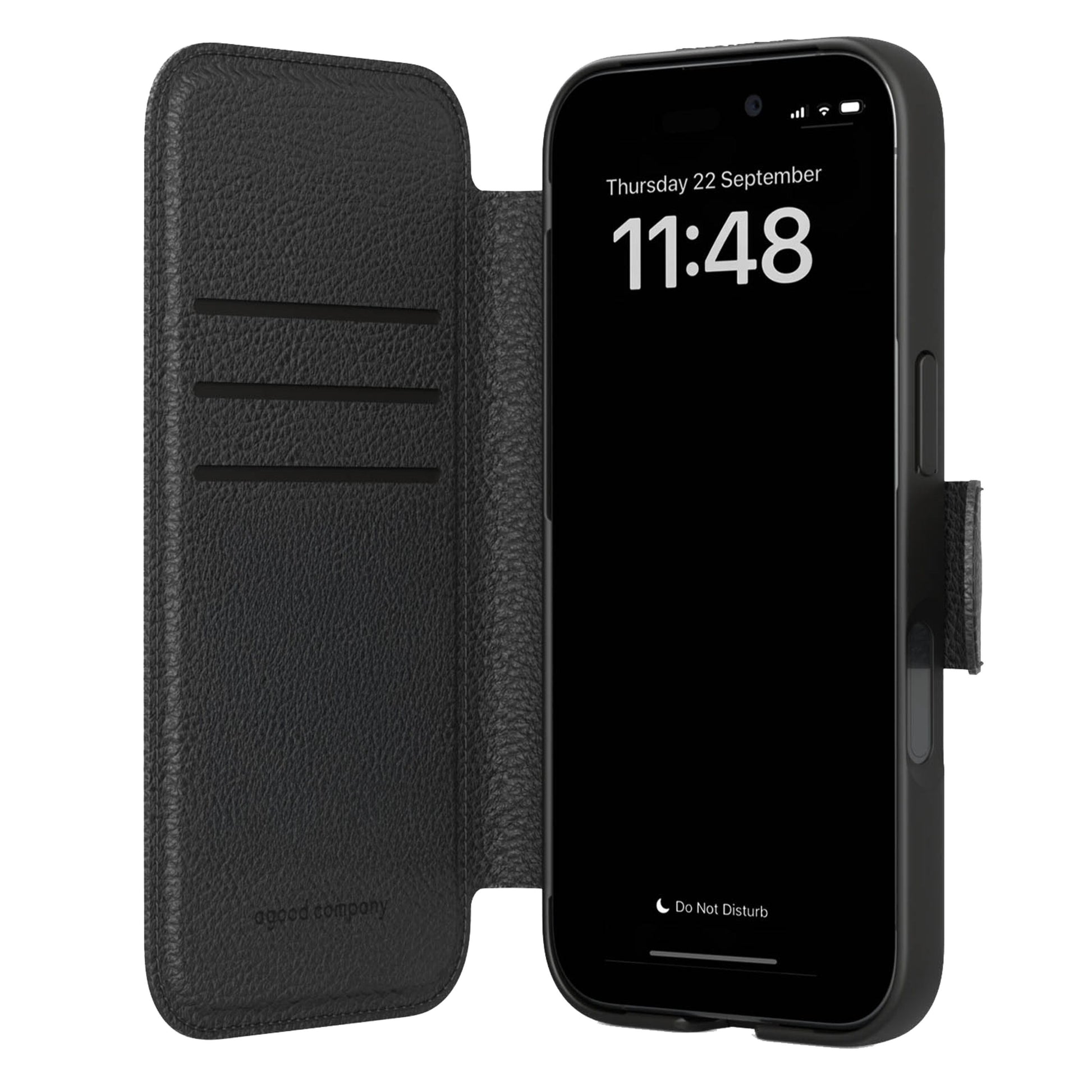 Agood company Mobilpung iPhone Air Sort, sort flipcover i vegansk læder med magnetlukning, tre kortholdere, skærm synlig.