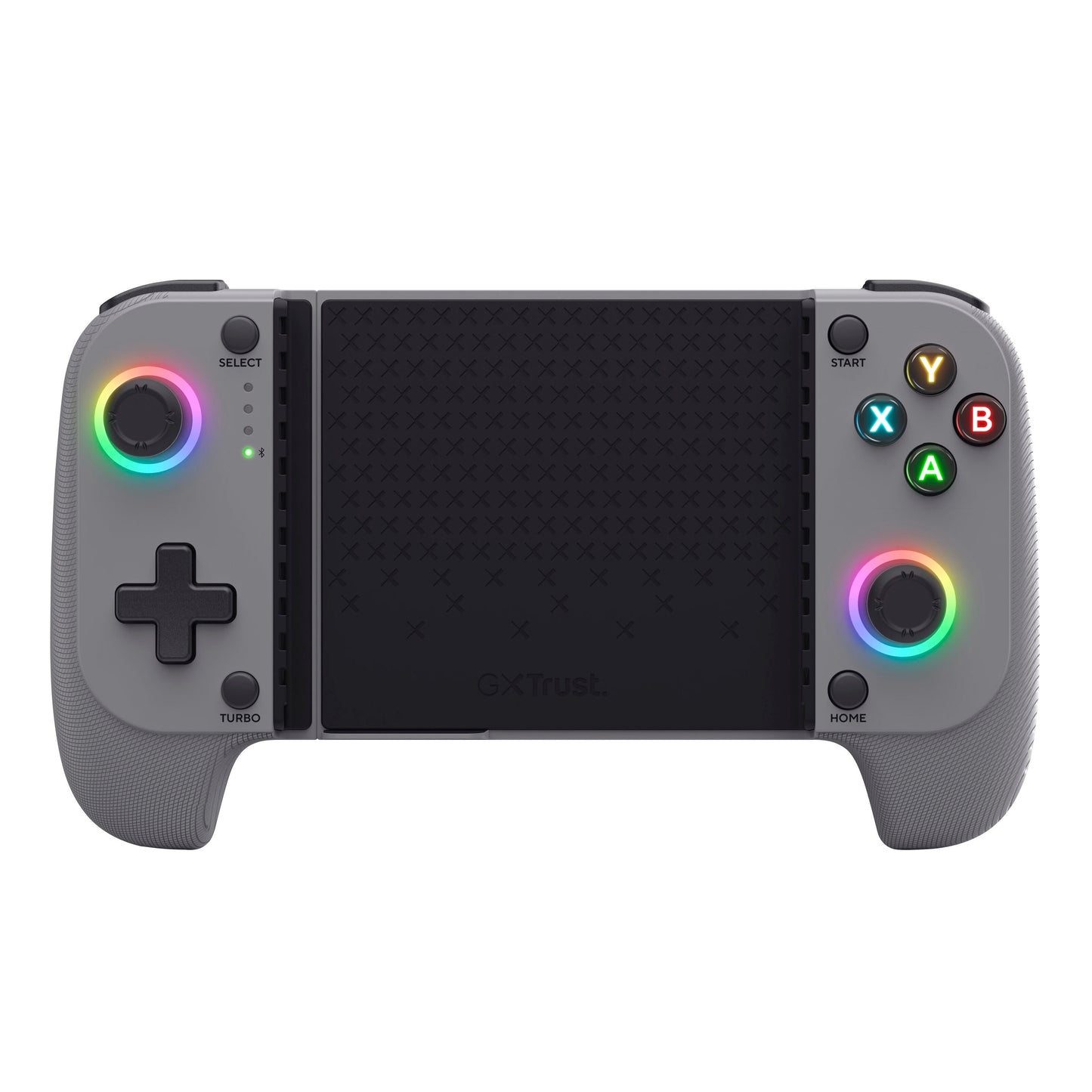 Trust GXT 735 Mylox trådløs mobilcontroller grå med regnbue LED joystick-ringe, farvede A/B/X/Y knapper, D-pad venstre.