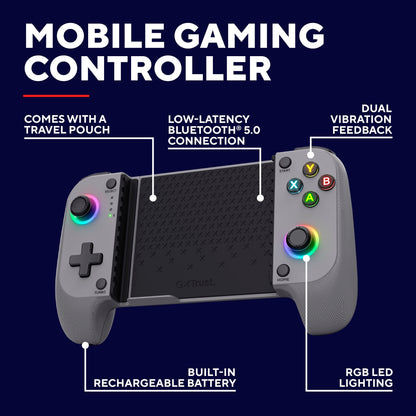 Trust GXT 735 Mylox trådløs mobilcontroller grå med rejseetui, Bluetooth 5.0, genopladeligt batteri, vibration, RGB knapper.