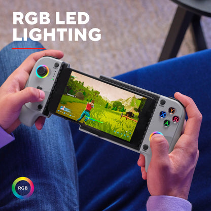 Trust GXT 735 Mylox trådløs mobilcontroller grå med farvede knapper og RGB LED, tekst: RGB LED-BELYSNING.