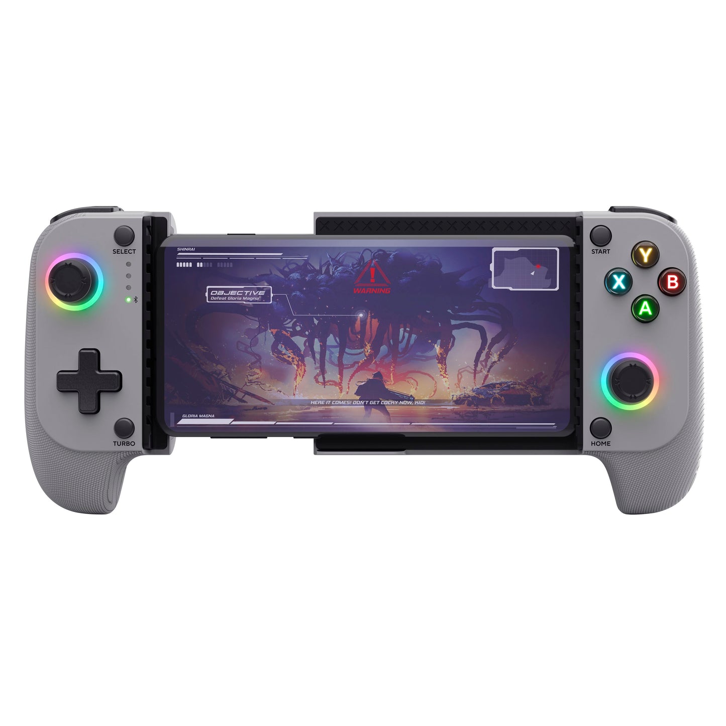 Trust GXT 735 Mylox trådløs mobilcontroller grå med analog-sticks, knapper, LED-lys og sci-fi spil på smartphone.