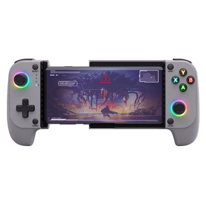 Trust GXT 735 Mylox trådløs mobilcontroller grå med analog-sticks, knapper, LED-lys og sci-fi spil på smartphone.