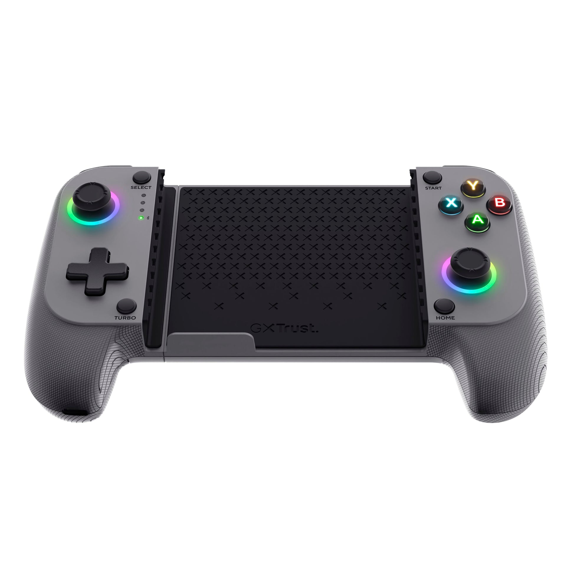 GXTrust GXT 735 Mylox trådløs mobilcontroller grå med mobilsæt slot, farvede LED-knapper, joysticks, D-pad og logo.