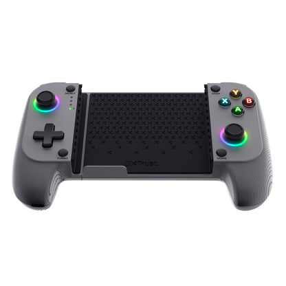 GXTrust GXT 735 Mylox trådløs mobilcontroller grå med mobilsæt slot, farvede LED-knapper, joysticks, D-pad og logo.