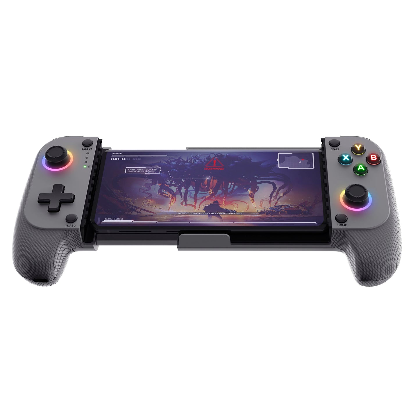Trust GXT 735 Mylox trådløs mobilcontroller grå med sidecontrollere, farvede lysknapper, joysticks og vibrationsfeedback.