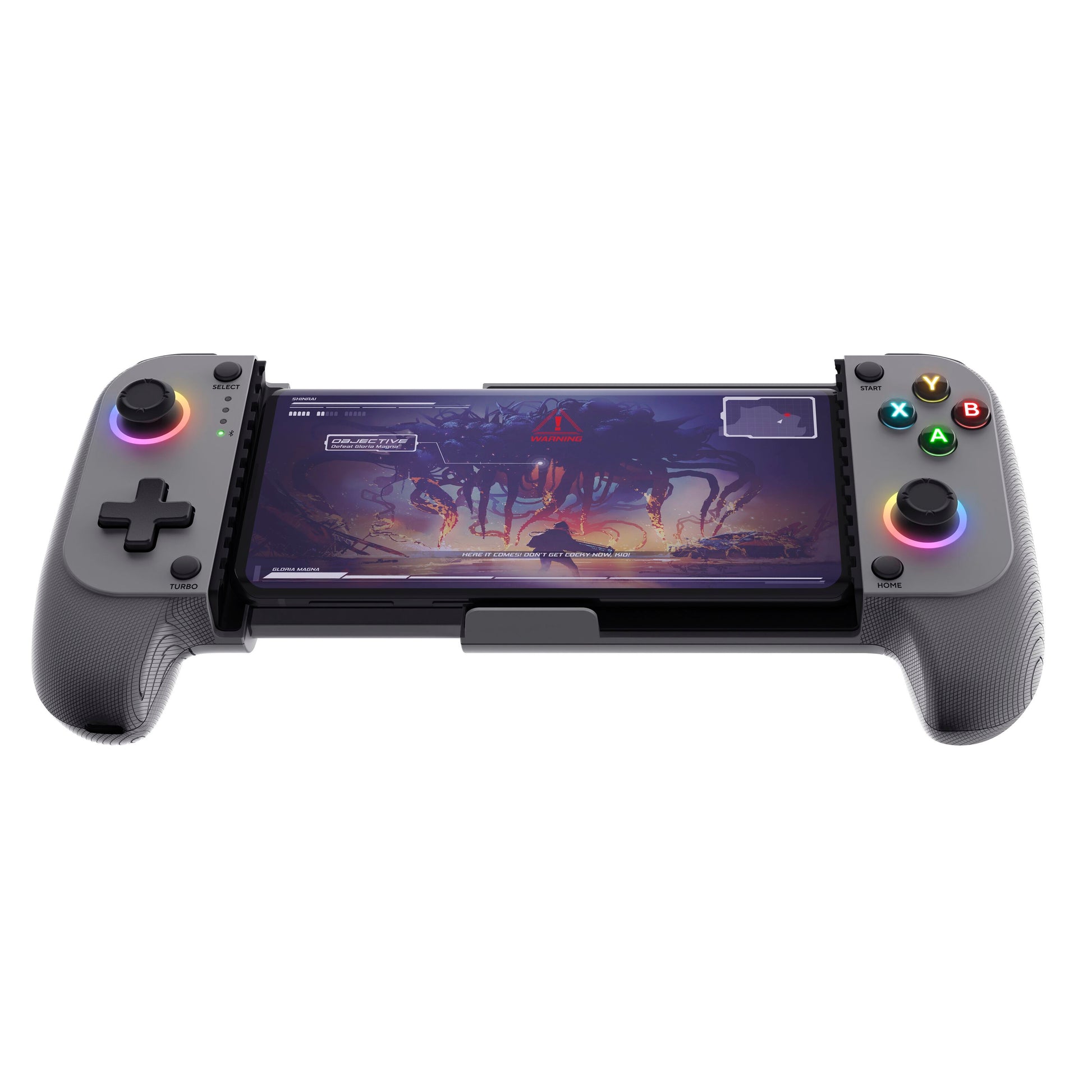 Trust GXT 735 Mylox trådløs mobilcontroller grå med sidecontrollere, farvede lysknapper, joysticks og vibrationsfeedback.
