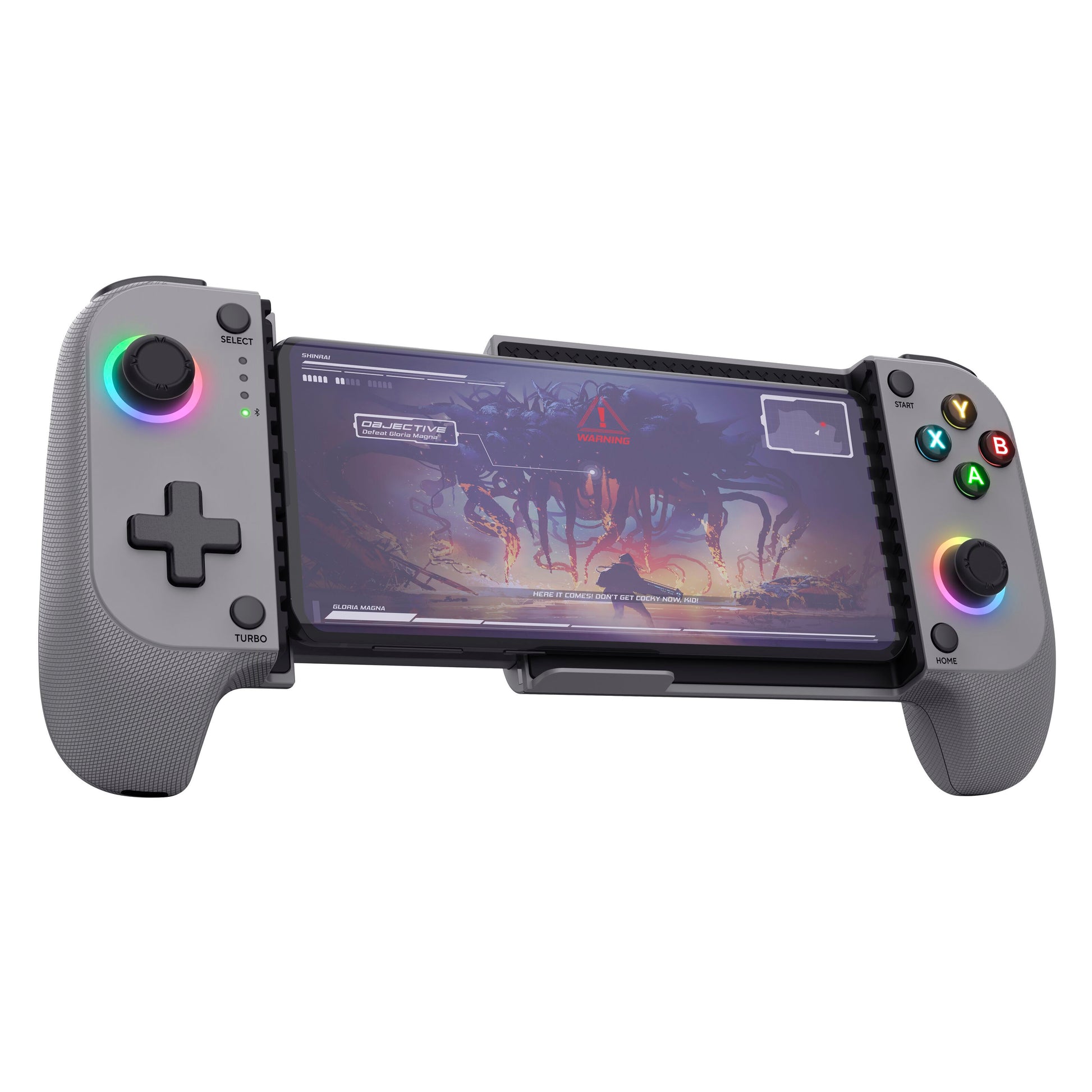 Trust GXT 735 Mylox trådløs mobilcontroller grå med oplyste knapper og joysticks, smartphone vist med sci-fi spil.