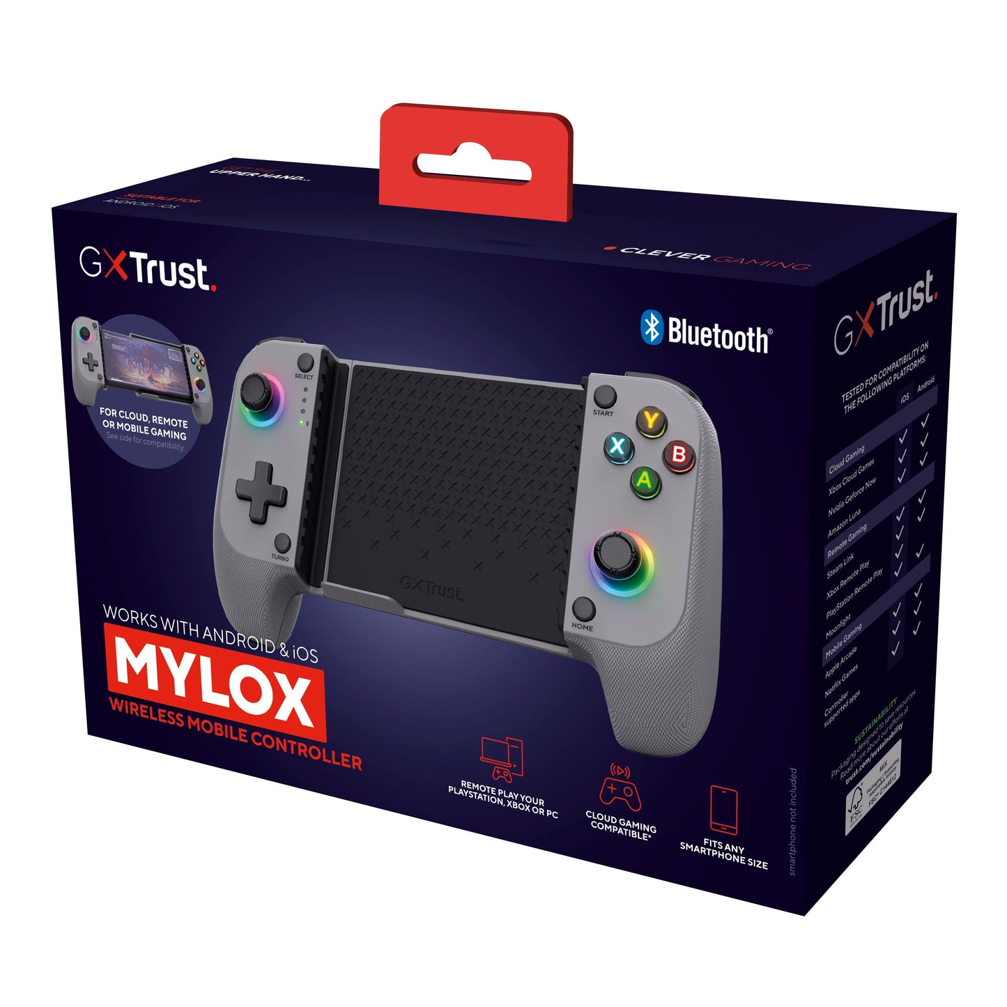 Trust GXT 735 Mylox trådløs mobilcontroller grå til Android/iOS, Bluetooth-logo, info om vibrationsfeedback på æsken.
