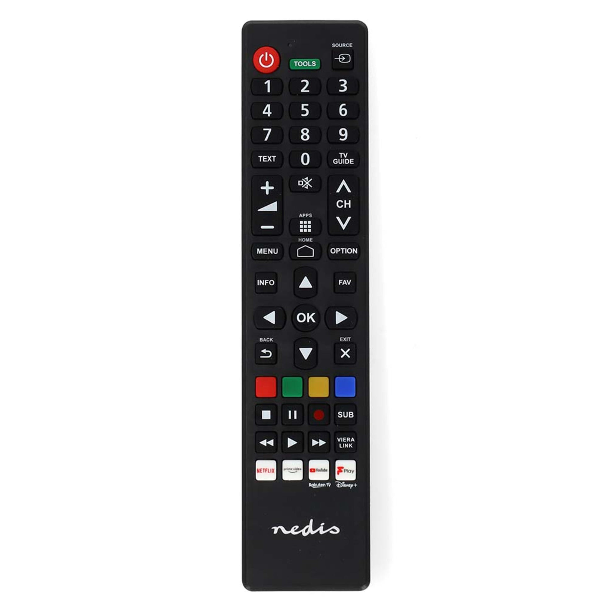 Sort fjernbetjening til Panasonic/Sharp TV, knapper til strøm, tal, lyd, navigation, farvefunktioner og Netflix/YouTube-genveje.