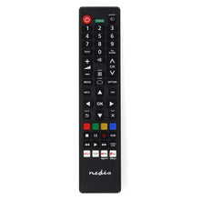 Sort fjernbetjening til Panasonic/Sharp TV, knapper til strøm, tal, lyd, navigation, farvefunktioner og Netflix/YouTube-genveje.