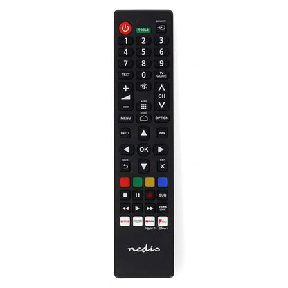 Sort fjernbetjening til Panasonic/Sharp TV, knapper til strøm, tal, lyd, navigation, farvefunktioner og Netflix/YouTube-genveje.