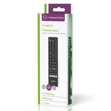 Nedis universal fjernbetjening til Panasonic og Sharp TV, hvid/grøn æske, modelnavn og kompatibilitet synlig.