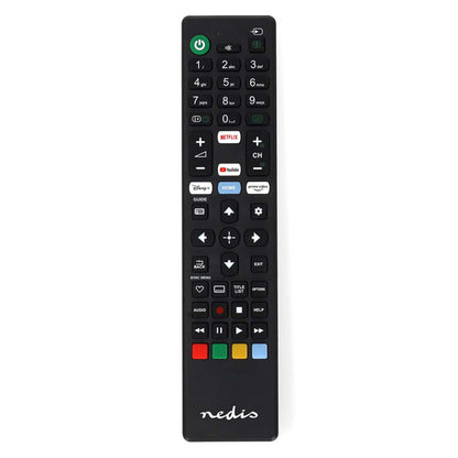 Nedis sort fjernbetjening til Sony TV med farvede knapper, genveje til Netflix/YouTube/Disney+, tal og navigation.