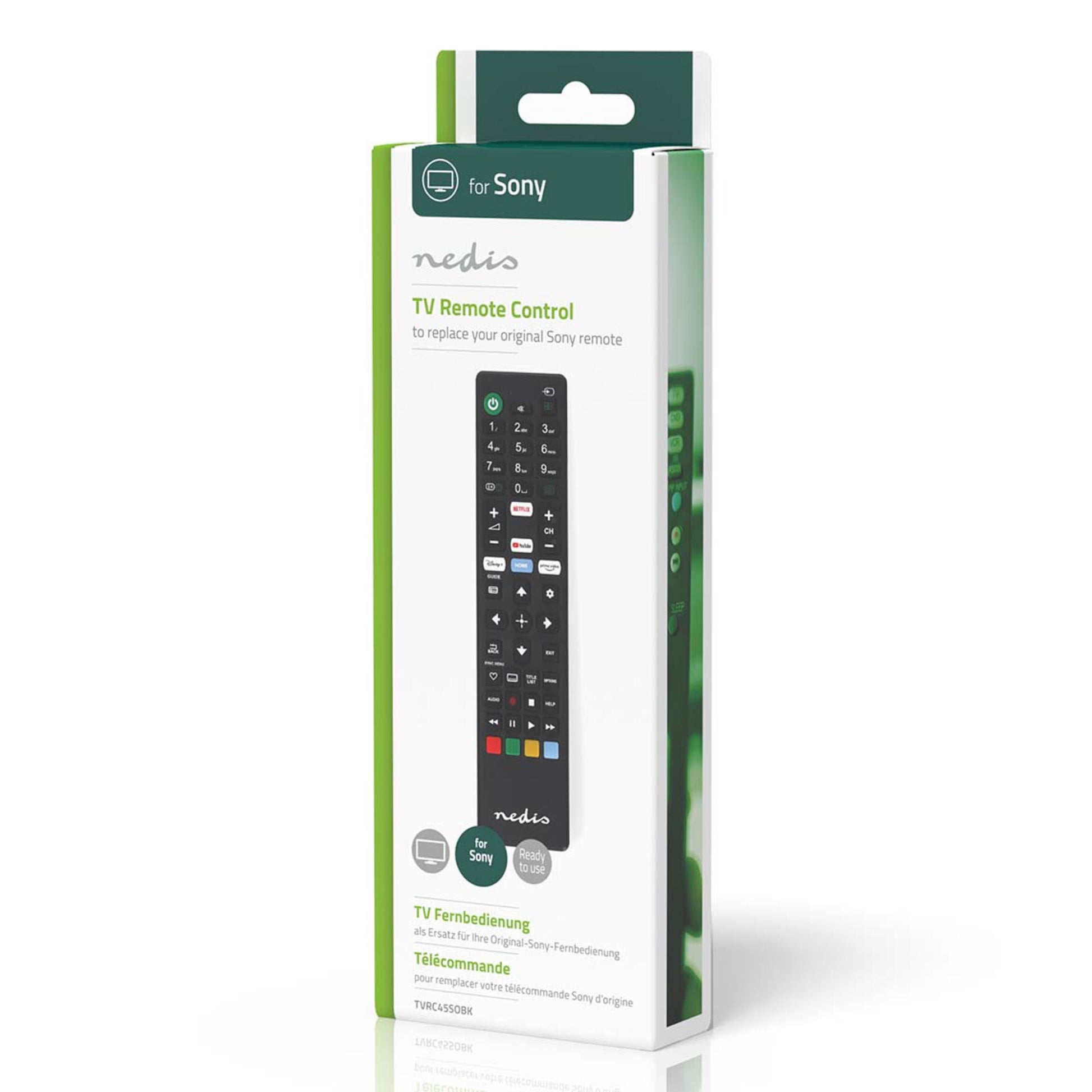 Fjernbetjening til Sony TV, grøn og hvid æske, kompatibilitet med Sony tv-modeller vises på emballagen.