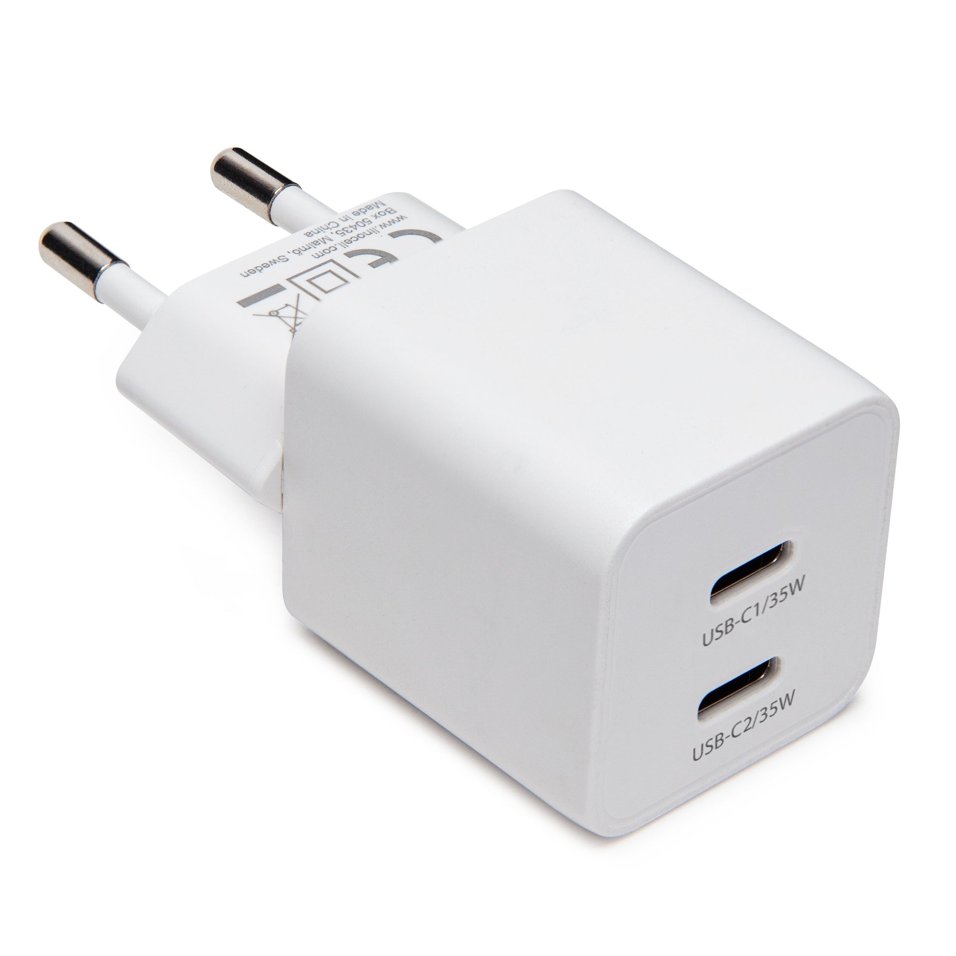 GaN hurtigoplader 35W PD med til USB-C-port (USB-C1/35W, USB-C2/35W) og til europæiske stik.