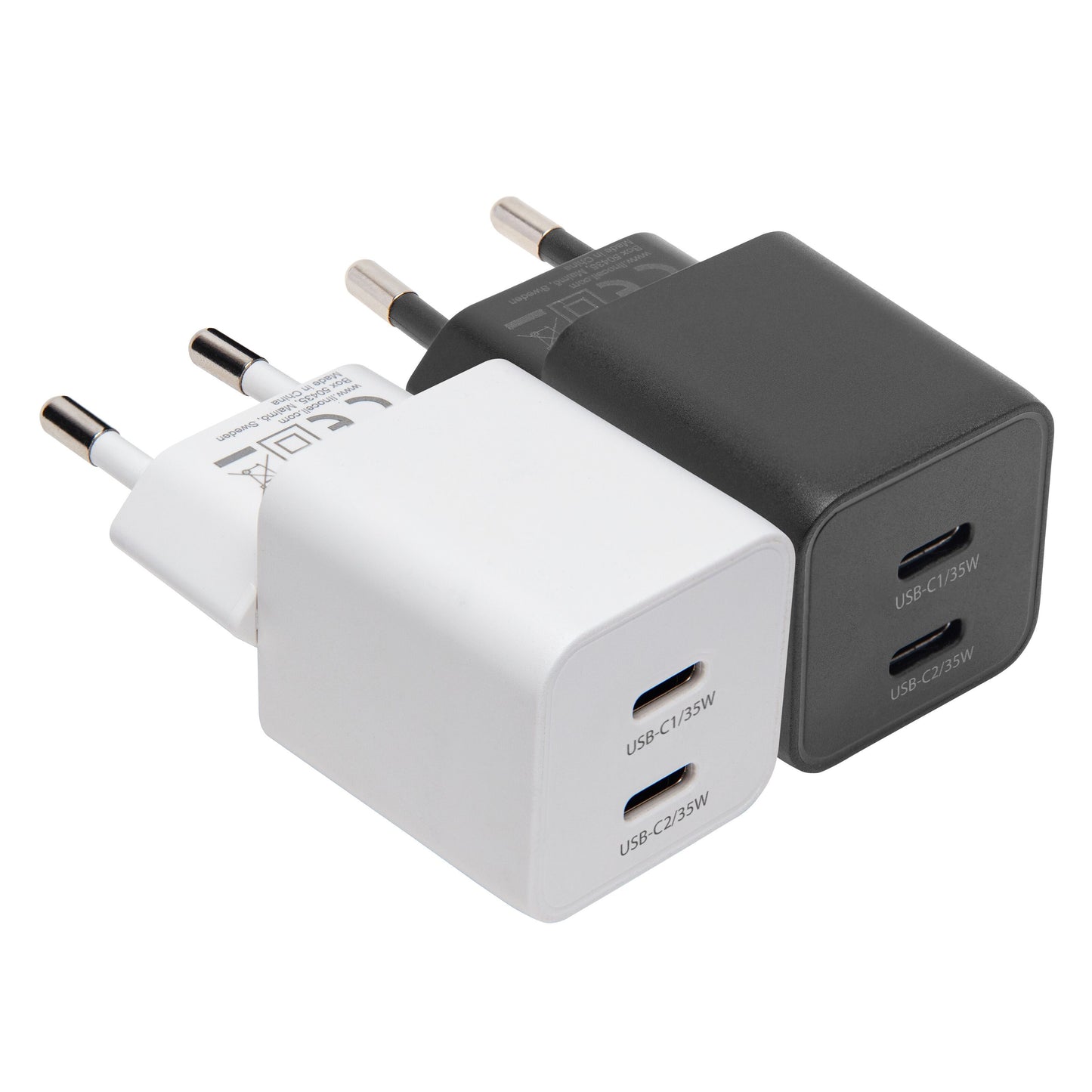 Linocell GaN hurtiglader 35 W PD, sort og hvid, til USB-C port, tobenet stik, "35 W PD" mærkning.