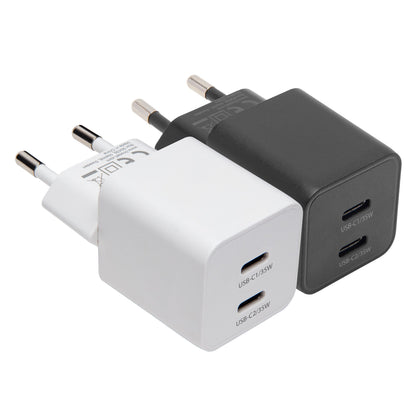 Linocell GaN hurtiglader 35 W PD, sort og hvid, til USB-C port, tobenet stik, "35 W PD" mærkning.