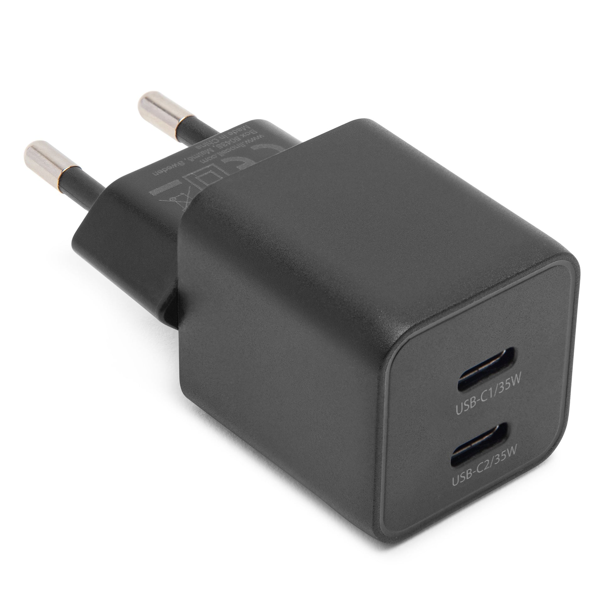 Linocell GaN hurtiglader 35W PD, sort, 2 USB-C porte (USB-C1/35W, USB-C2/35W), metalben til stikkontakt.