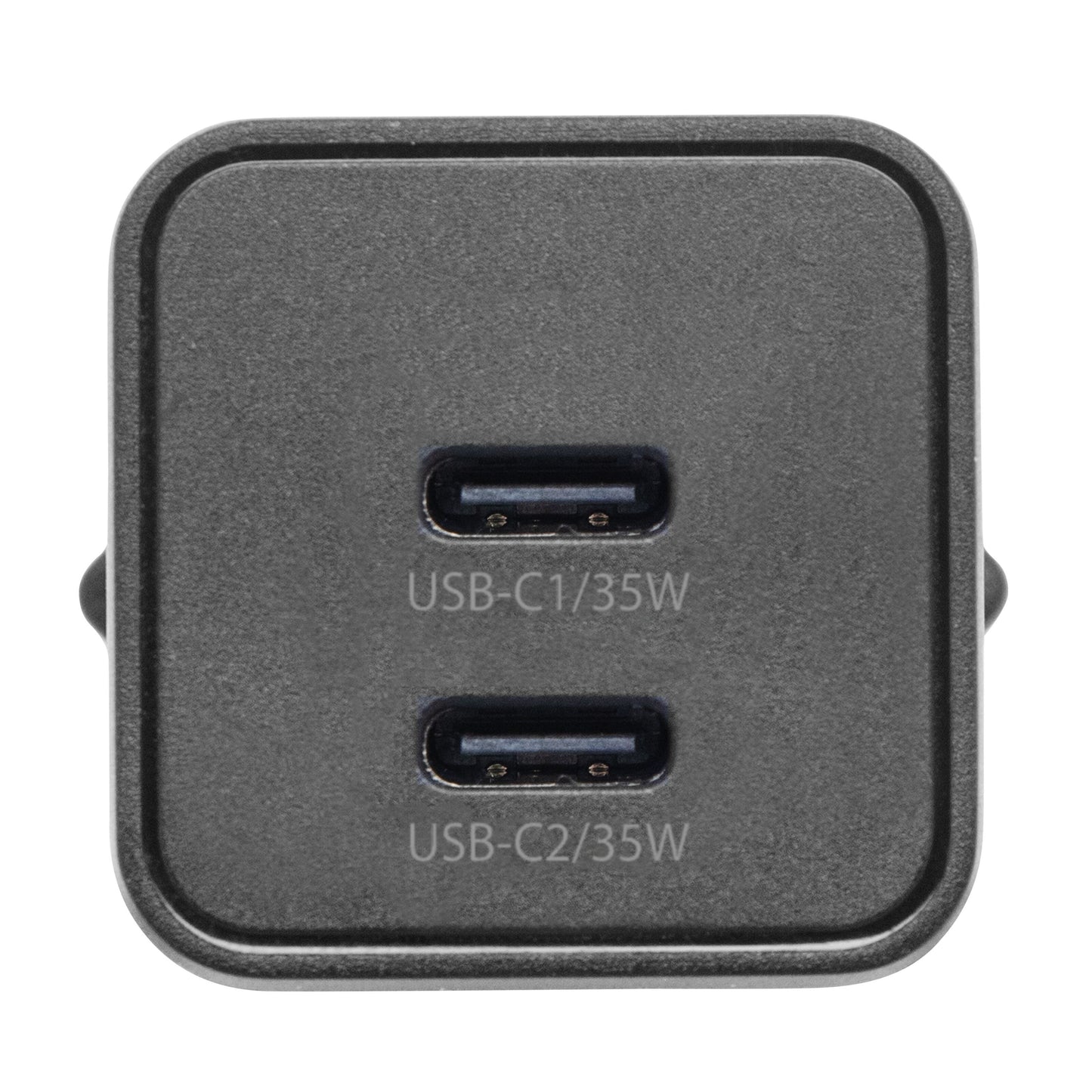 Linocell GaN hurtiglader 35 W PD sort med 2 USB-C-porte (USB-C1/35W, USB-C2/35W), begge til 35 W output.