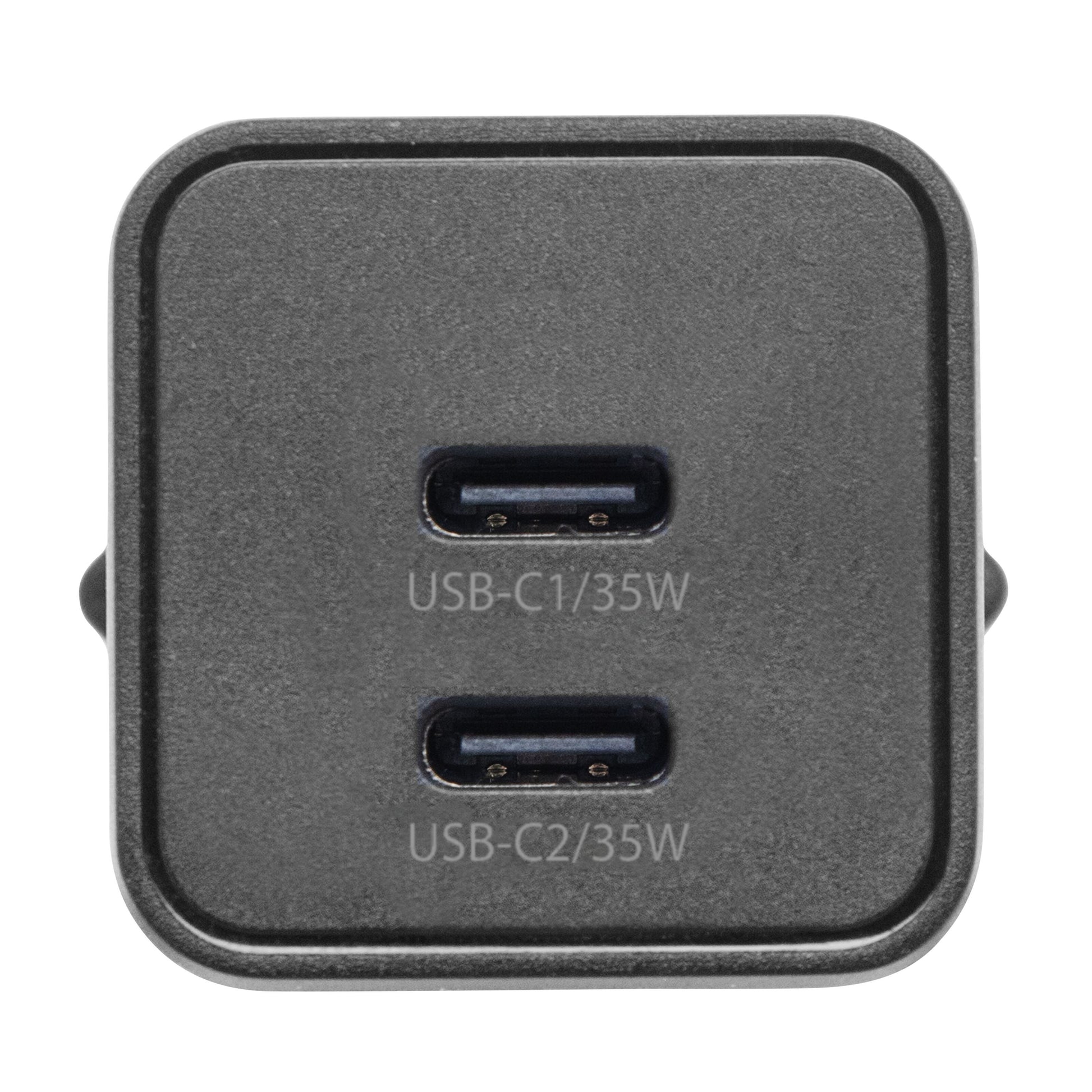 Linocell GaN hurtiglader 35 W PD sort med 2 USB-C-porte (USB-C1/35W, USB-C2/35W), begge til 35 W output.