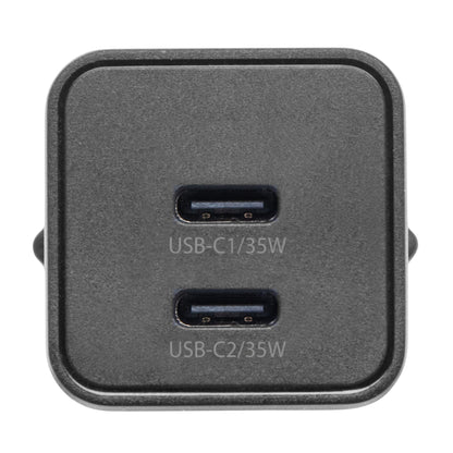Linocell GaN hurtiglader 35 W PD sort med 2 USB-C-porte (USB-C1/35W, USB-C2/35W), begge til 35 W output.