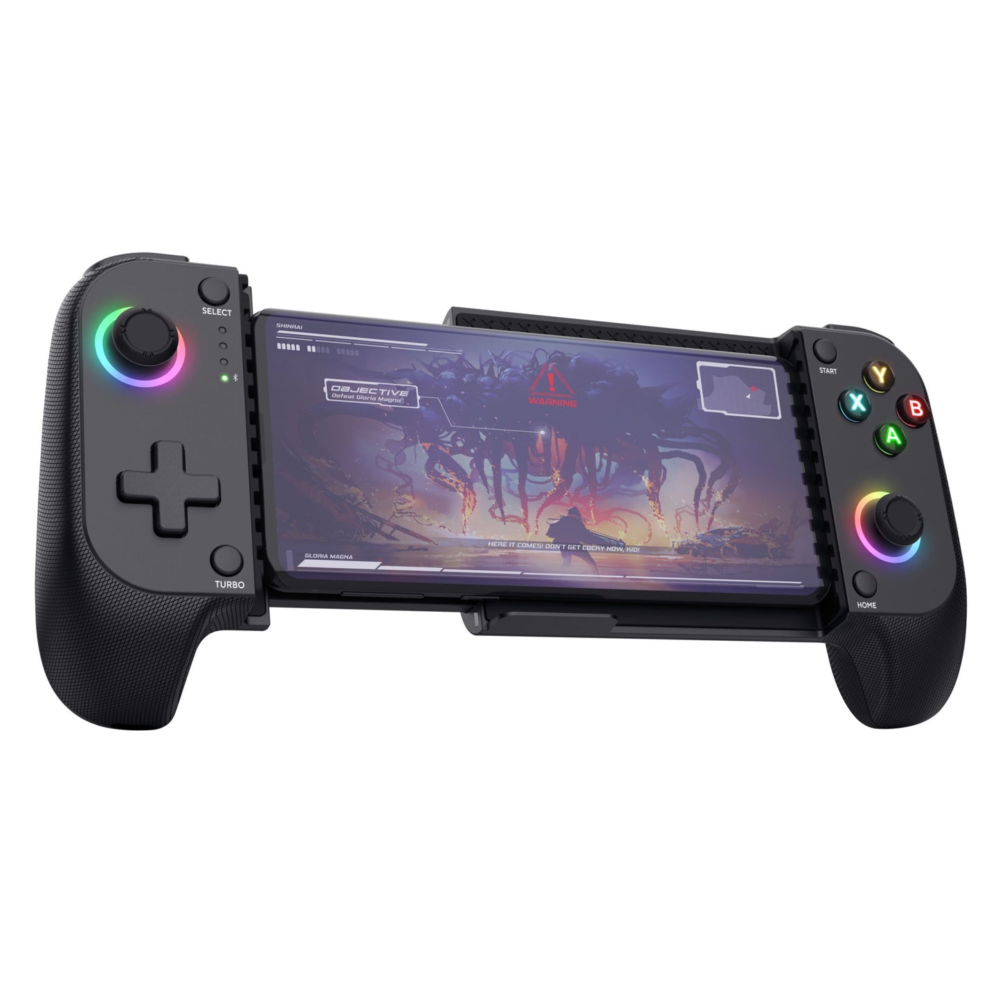 Trust GXT 735 Mylox trådløs mobil håndkontrol med LED-lys på joysticks, holder smartphone med sci-fi spildisplay.