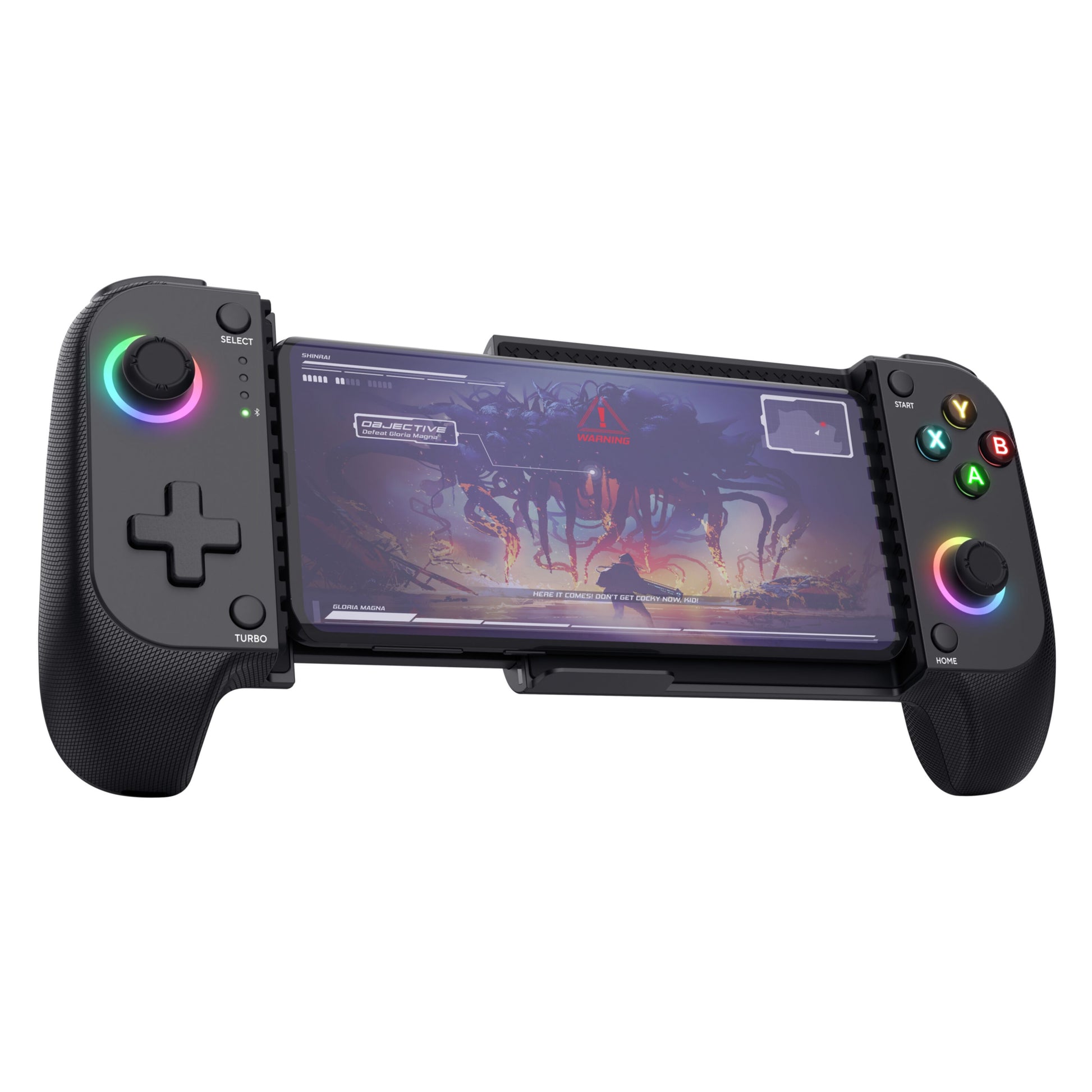 Trust GXT 735 Mylox trådløs mobil håndkontrol med LED-lys på joysticks, holder smartphone med sci-fi spildisplay.