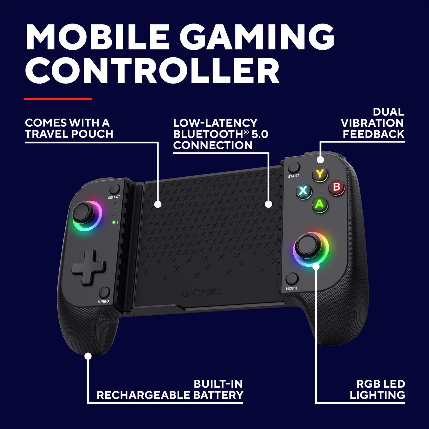 Trust GXT 735 Mylox sort trådløs mobil controller med farvede knapper, RGB LED, transportformål, Bluetooth 5.0, dobbelt vibration.