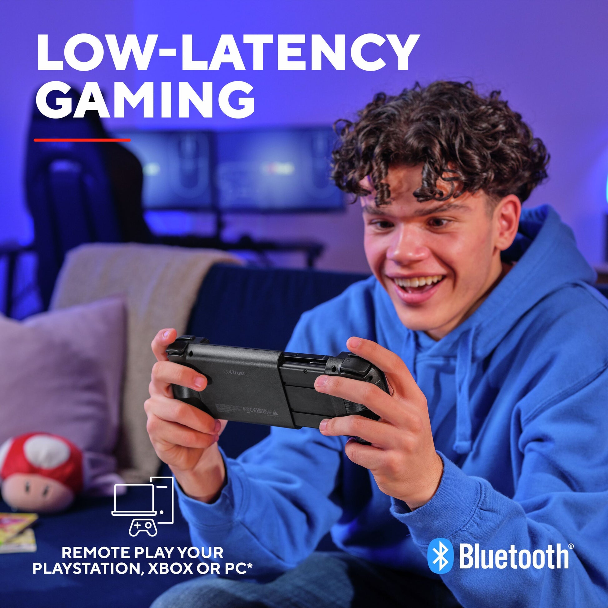 Trust GXT 735 Mylox trådløs mobil håndkontrol, blå, "LOW-LATENCY GAMING", Bluetooth-ikon, PlayStation/Xbox/PC-logo.