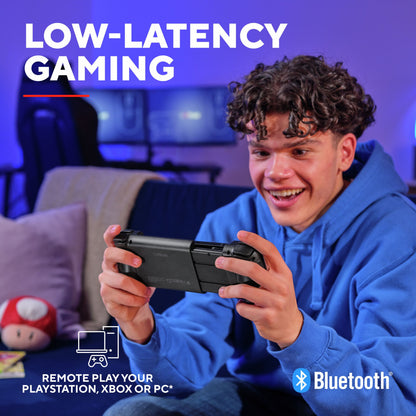Trust GXT 735 Mylox trådløs mobil håndkontrol, blå, "LOW-LATENCY GAMING", Bluetooth-ikon, PlayStation/Xbox/PC-logo.